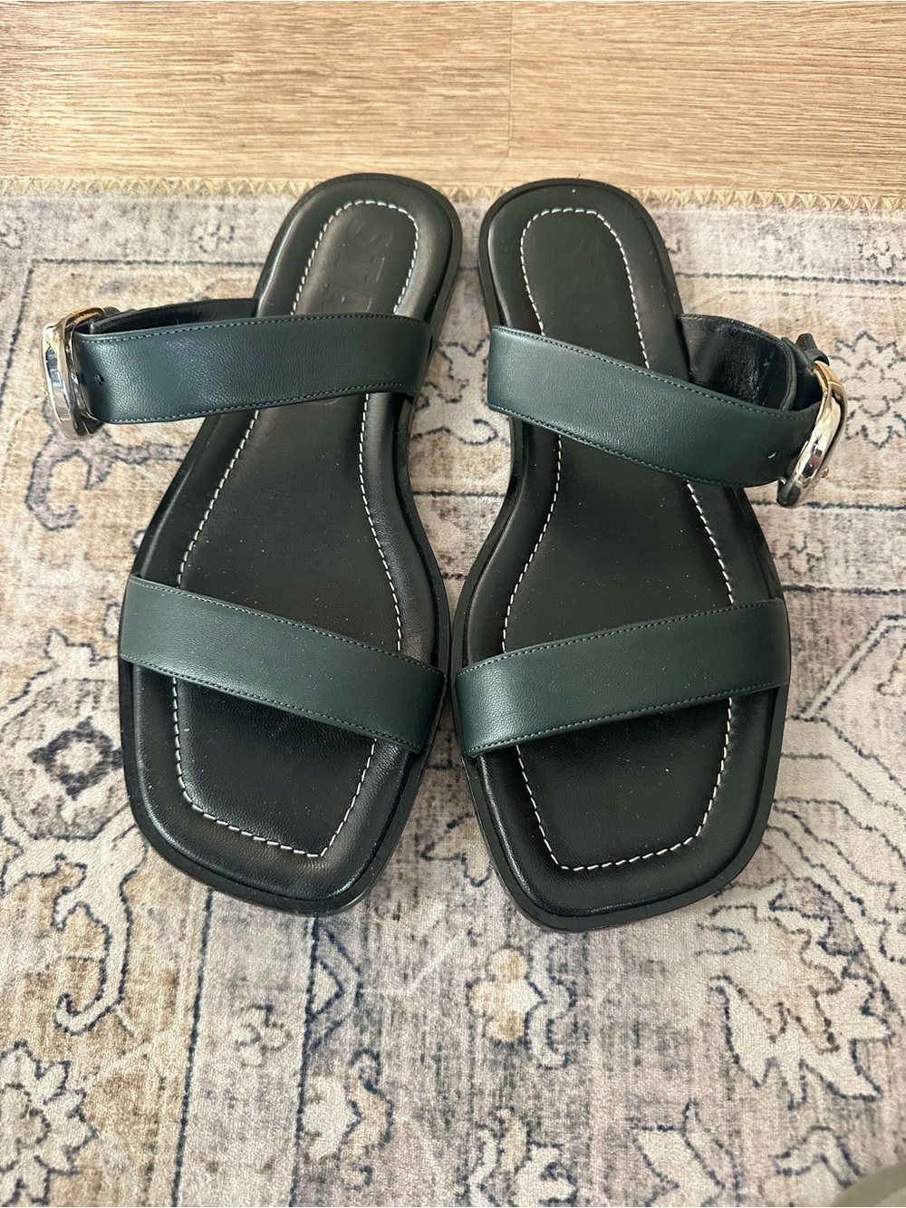 STAUD Women’s Dark Green and Black with Buckle Strap Sandals
